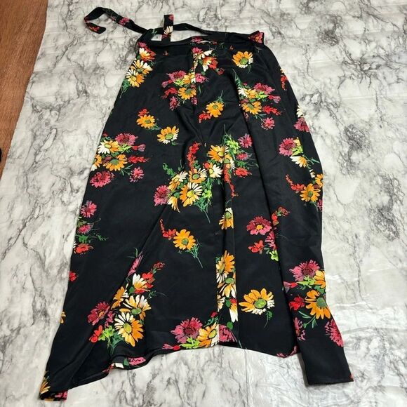 MANGO MNG Floral Print Black Yellow Midi skirt with Belt size 2 NWT New - Picture 2 of 9